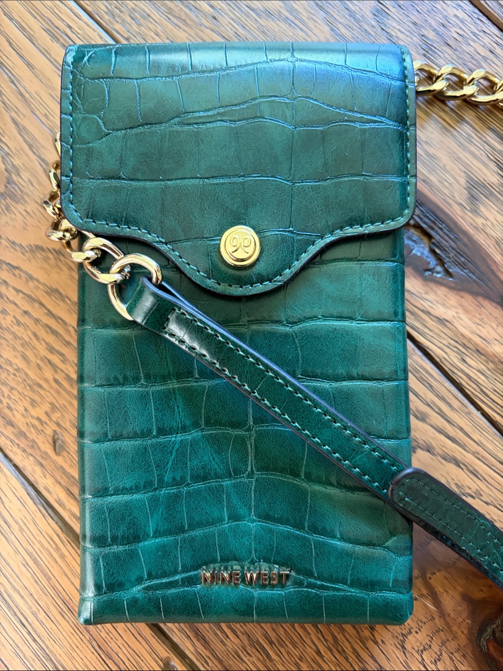 Nine West Green Croc-Embossed Crossbody Phone Bag with Gold Hardware